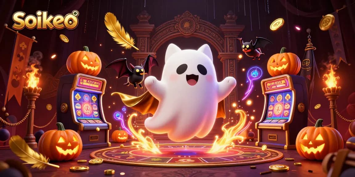 soikeo showcases a lively casino scene with a ghost cat and bat, filled with glowing slot machines