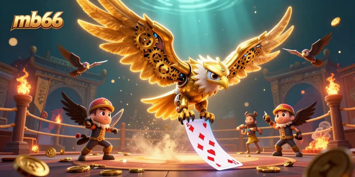 Engage with mb66 by witnessing an exhilarating 3D golden eagle soaring through a vibrant casino scene with holographic cards.