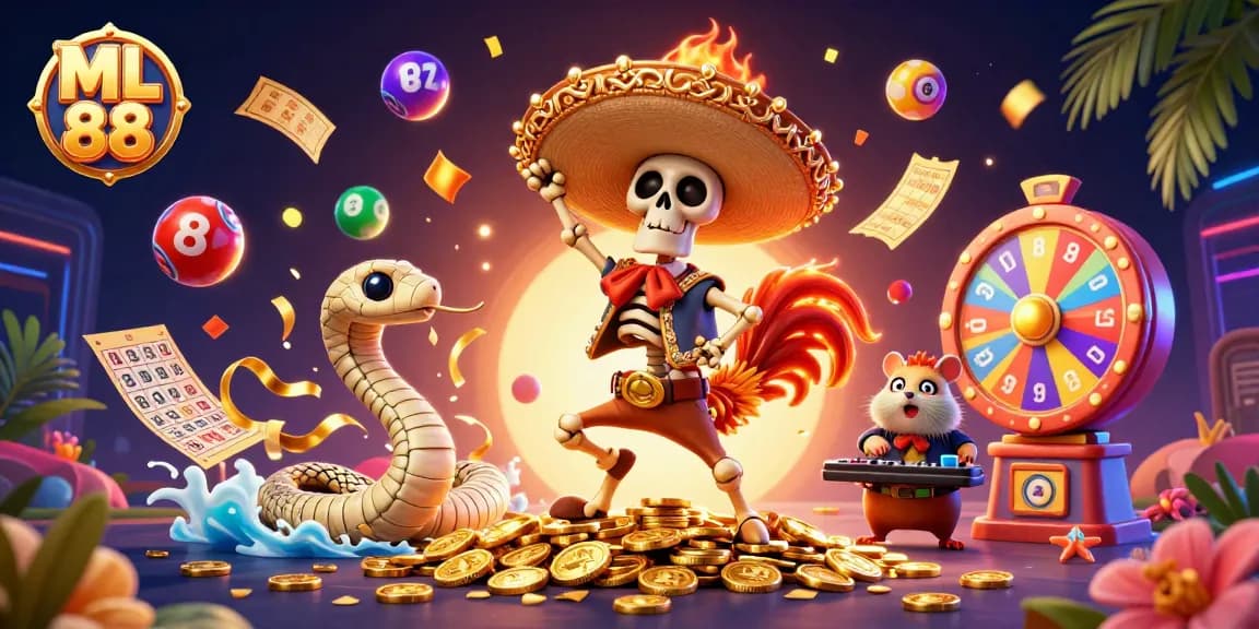 Win exciting rewards with ML 88, featuring a festive casino scene, vibrant lottery elements, and festive characters.