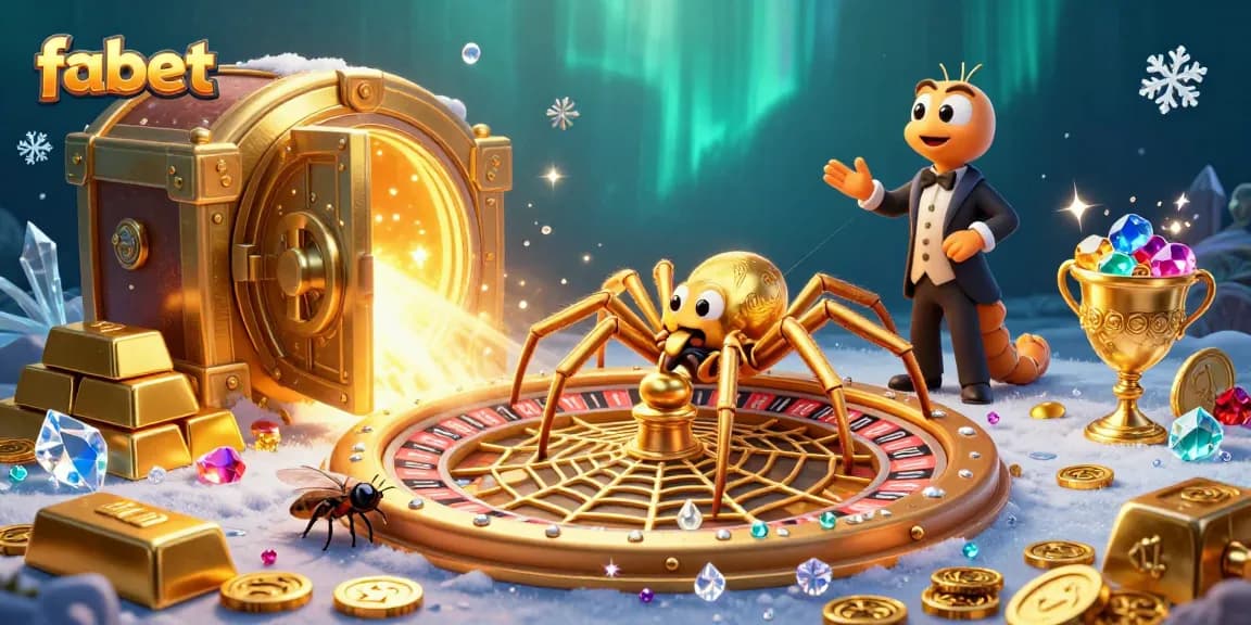 Place bets with fabet on a vibrant casino scene featuring a spinning roulette web and sparkling treasures.