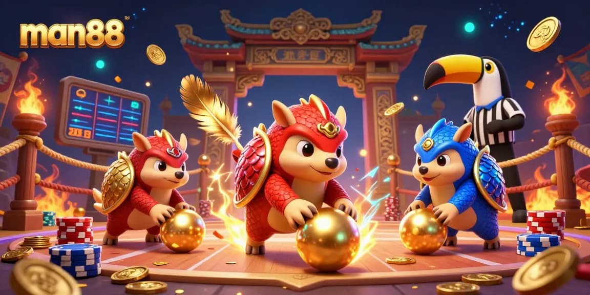 Engaging illustration depicting man88 with rival pangolins playing in a vibrant casino setting surrounded by poker chips and golden elements.