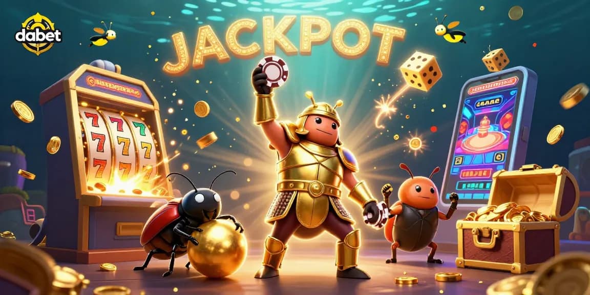 Dabet showcases a victorious beetle lifting a poker chip amidst a vibrant casino scene with slot games and golden treasures.