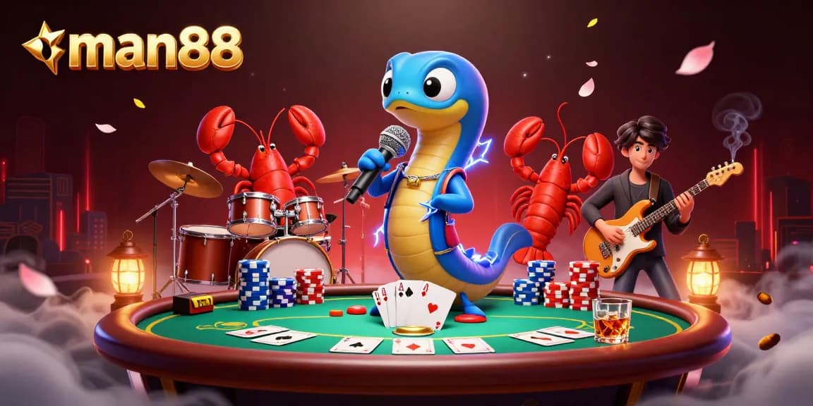 Experience man88's electrifying underwater casino with a DJ electric eel, lobster drummer, and seahorse guitarist.