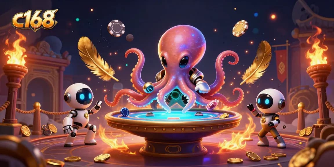 Experience thrilling play at c168 with a vibrant 3D scene of an alien octopus and tokens.