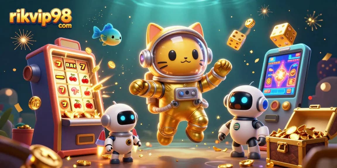 Experience the excitement of rikvip98 com with a 3D space-themed casino illustration featuring slot machines and a vibrant gaming atmosphere.