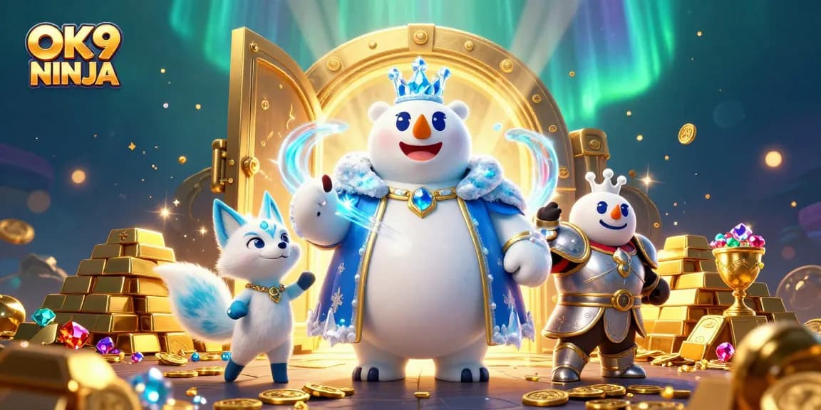 Experience exciting gameplay with OK9 NINJA featuring polar bear royalty amidst treasure in this 3D casino scene.