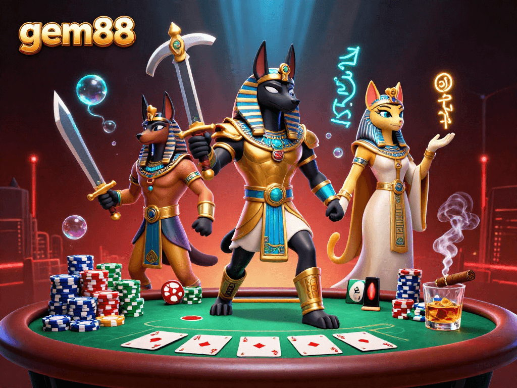 Experience gem88's thrilling poker scene with Anubis and Bastet amidst vibrant casino elements.