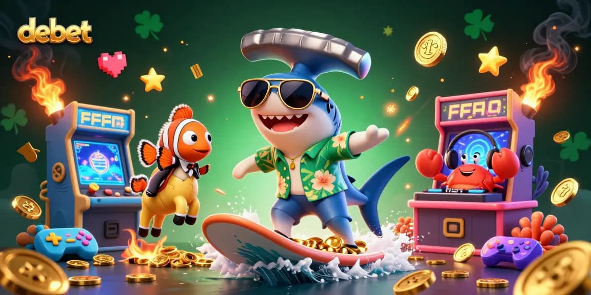 Surf the debet wave of gold coins with fun casino characters in this vibrant scene.