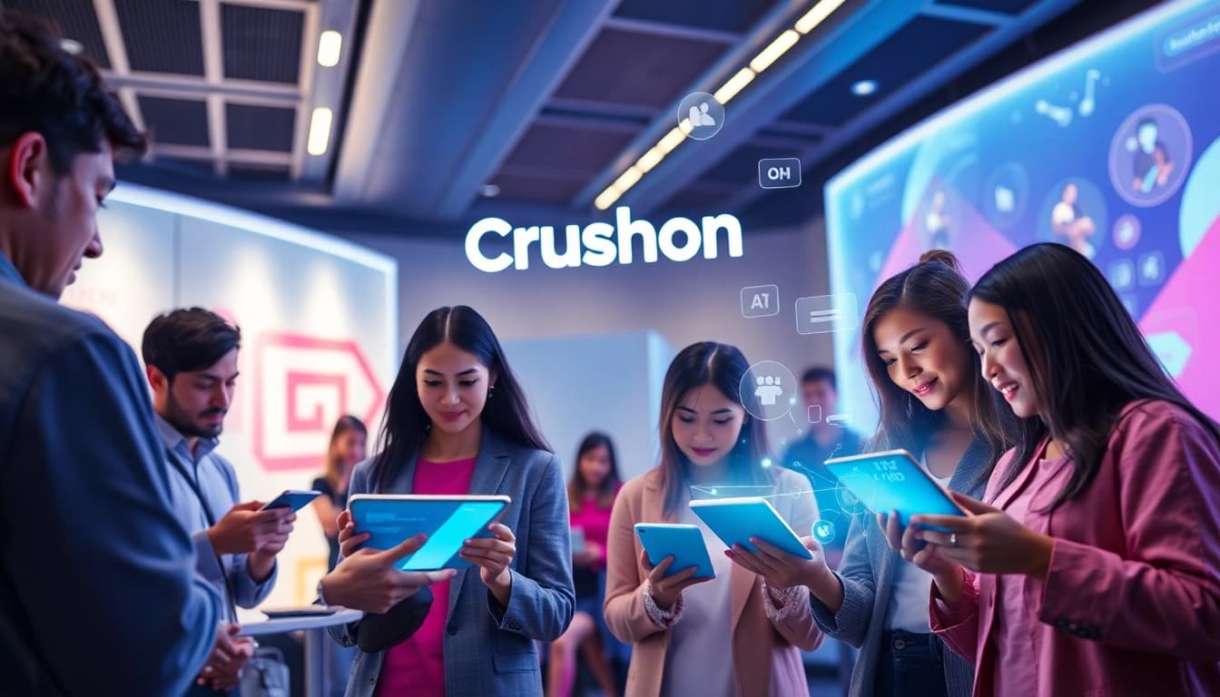 Engaging scene showcasing users interacting with the Crushon AI interface in a modern digital environment.
