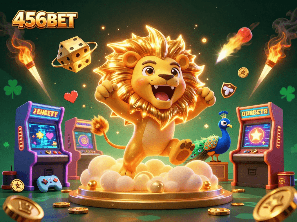 Experience 456BET with vibrant 3D illustration featuring animated slot elements and golden dice.