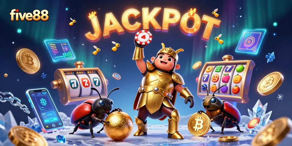 Experience excitement with five88 as a herculean beetle celebrates a jackpot win in a vibrant casino scene.