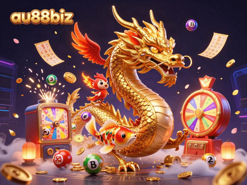 Experience the excitement of au88biz with a vibrant 3D casino scene featuring a fierce dragon and lucky symbols.