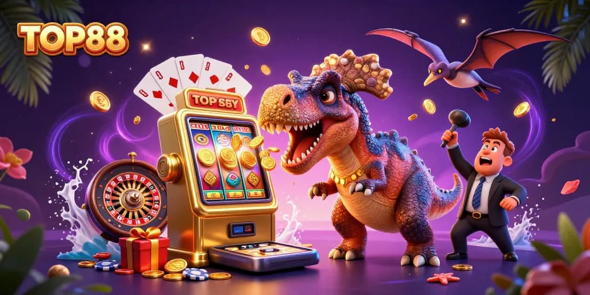 TOP88 cartoon illustration with a pachycephalosaurus and a slot machine celebrating a jackpot.