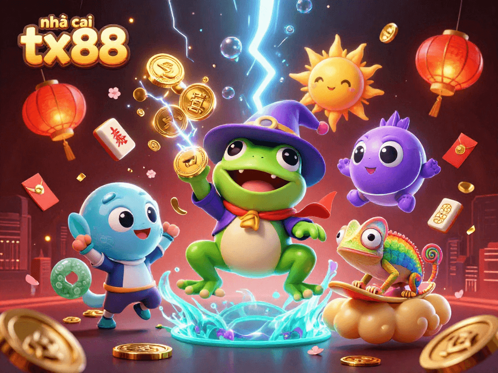 Engage with nhà cái tx88 through an energetic 3D scene featuring whimsical characters and dynamic casino elements.