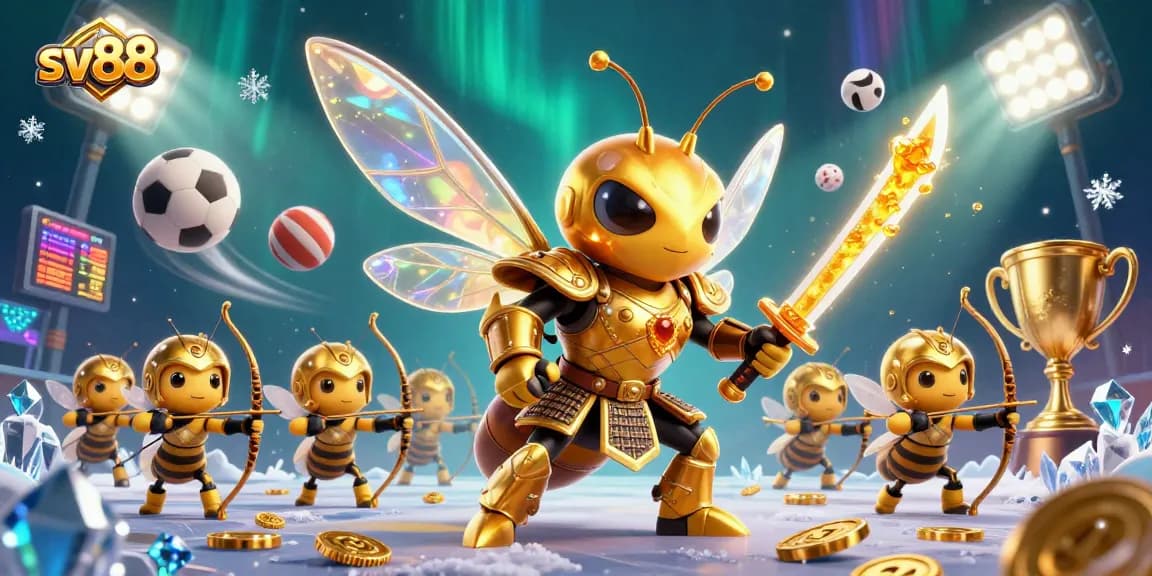 Bet on stunning sv88-themed illustration featuring a dynamic golden hornet in samurai armor with sports elements.