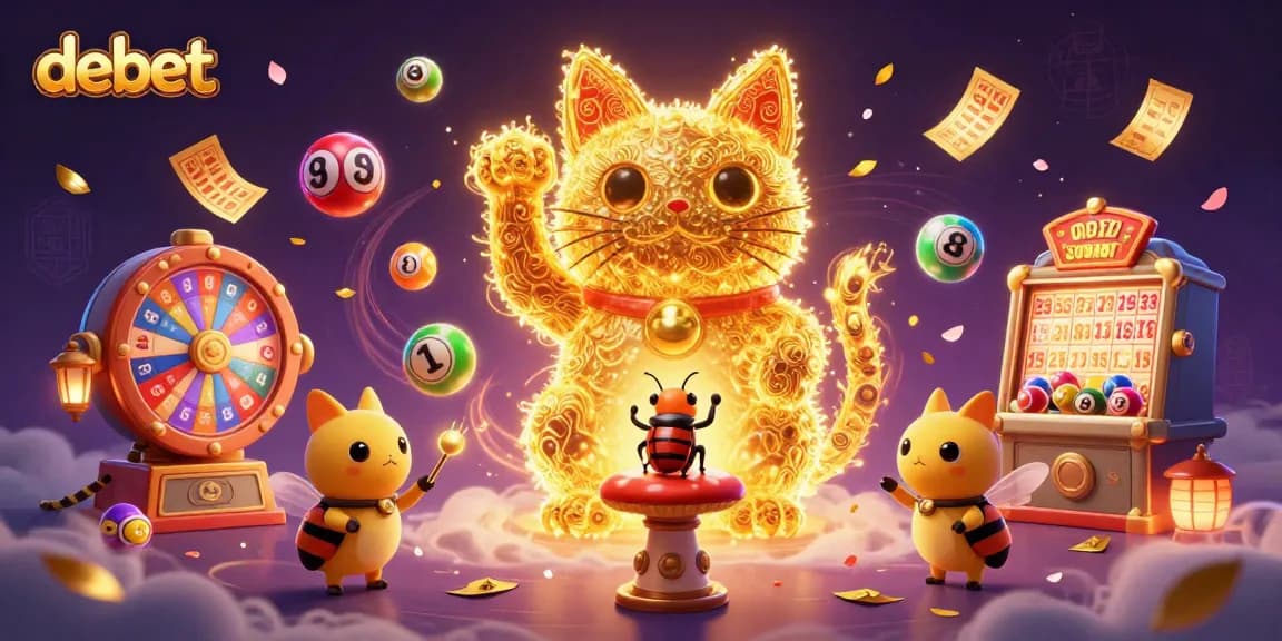 Engage with debet's vibrant 3D illustration depicting a lucky cat and lottery elements in a dynamic casino atmosphere.
