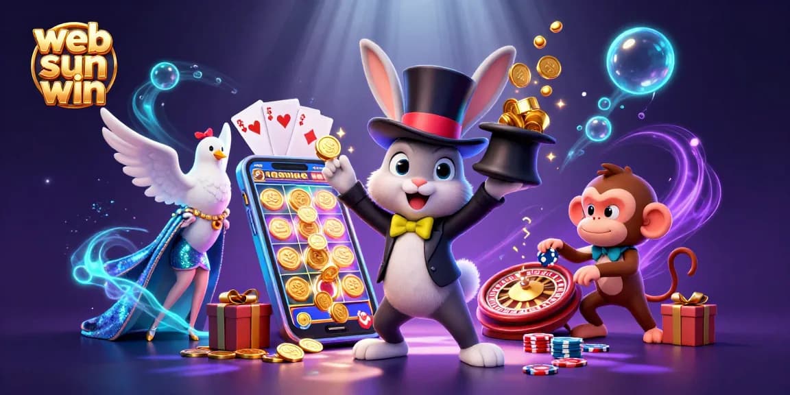 Experience the magic of web sun win with a 3D magician rabbit and casino elements.