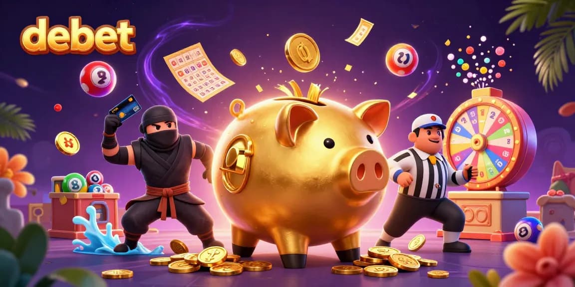 Experience thrilling action in debet casino scene with characters amidst flying lottery balls and gold coins.