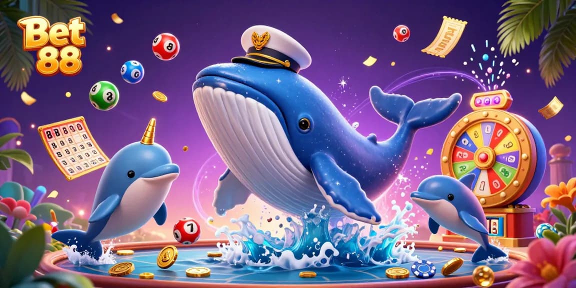 Experience the thrill of Bet 88 with playful dolphins and a giant whale in a vibrant casino scene.