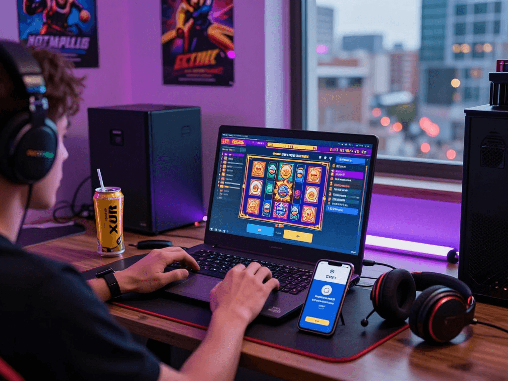 Jogador utilizando spbet para depósitos via PIX, rodeado por uma atmosfera vibrante de jogos online.