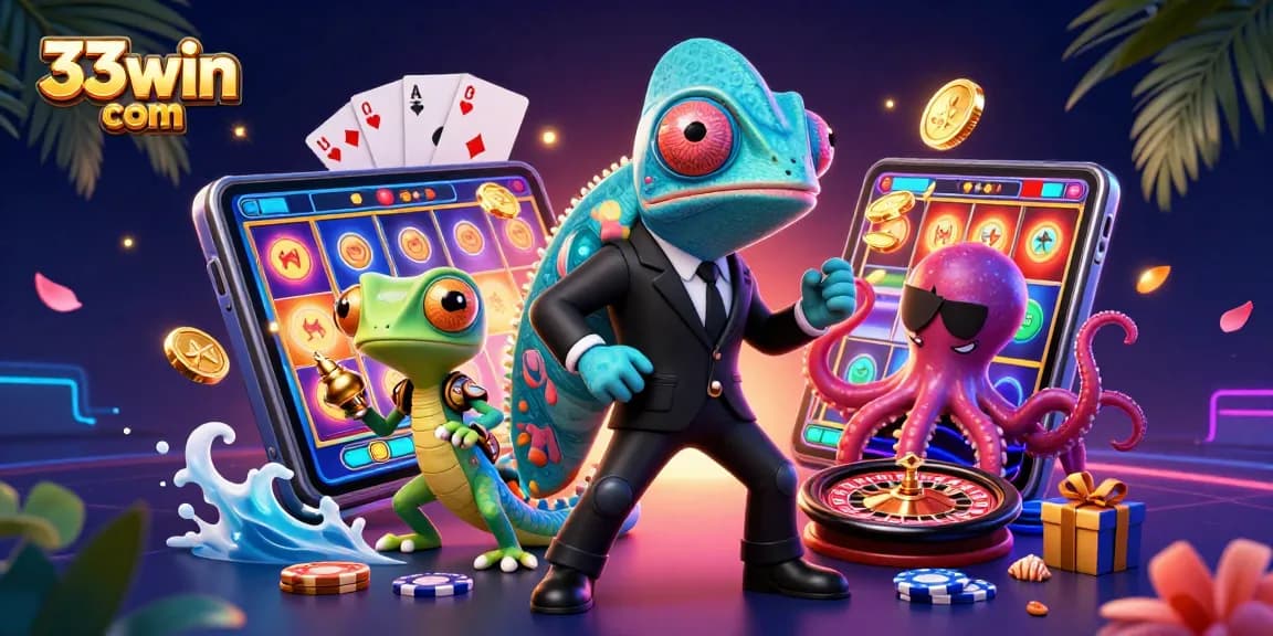 Experience exciting wins at 33win com with this vibrant casino-themed illustration featuring dynamic gaming elements.