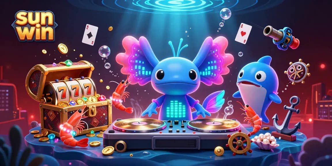 Experience the excitement of sun win in this vibrant casino-themed underwater party illustration.