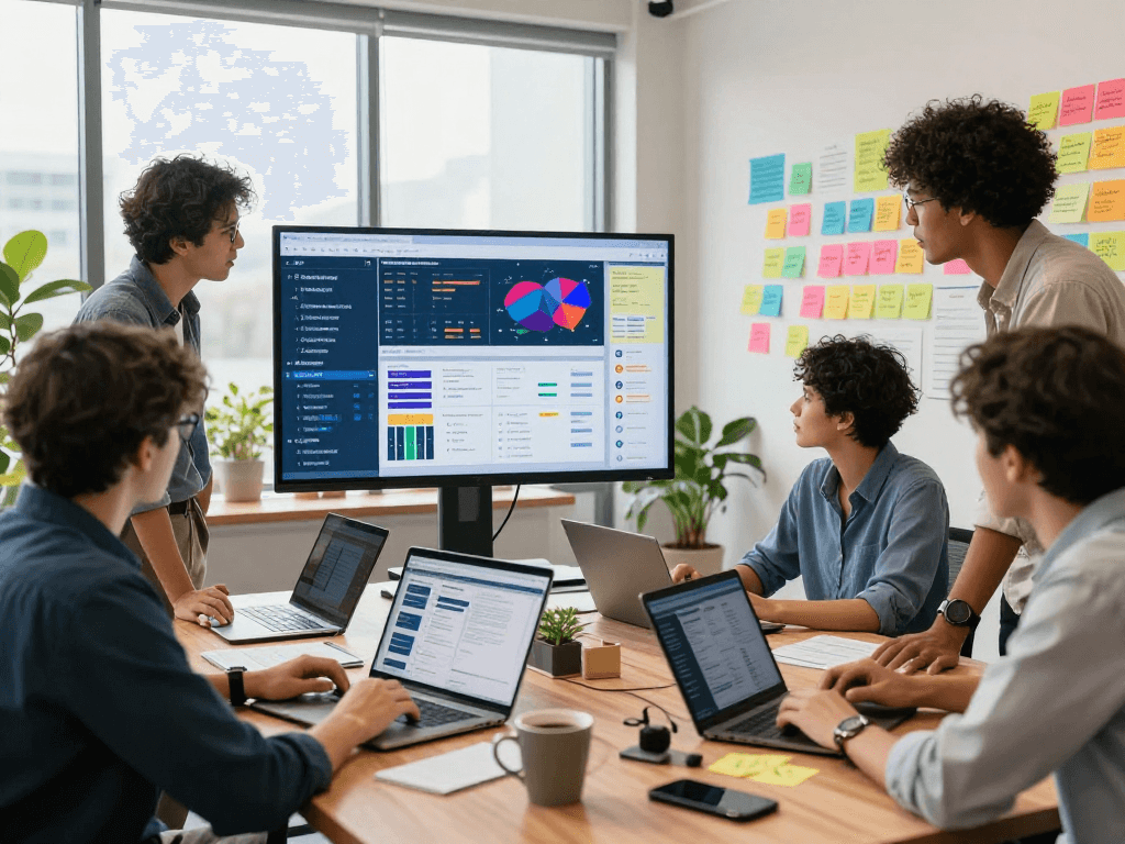 Equipe colaborando em marketing multicanais com análises estratégicas.