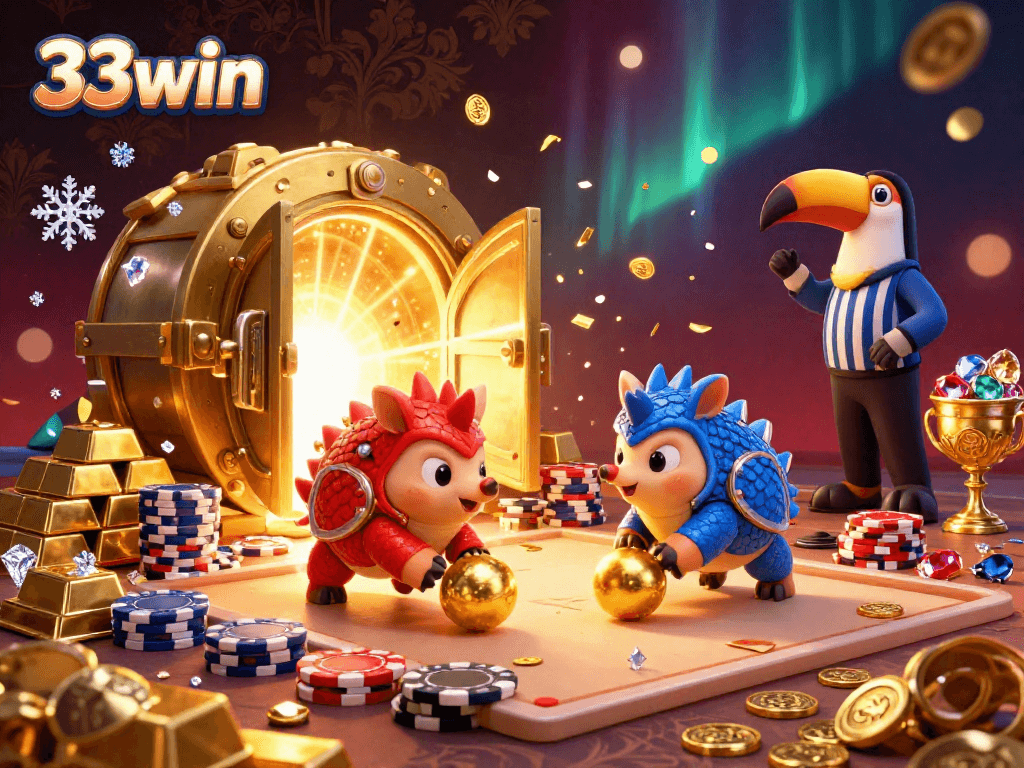 Experience thrilling moments with 33win in this vibrant gambling scene featuring cartoon pangolins and sparkling treasures.