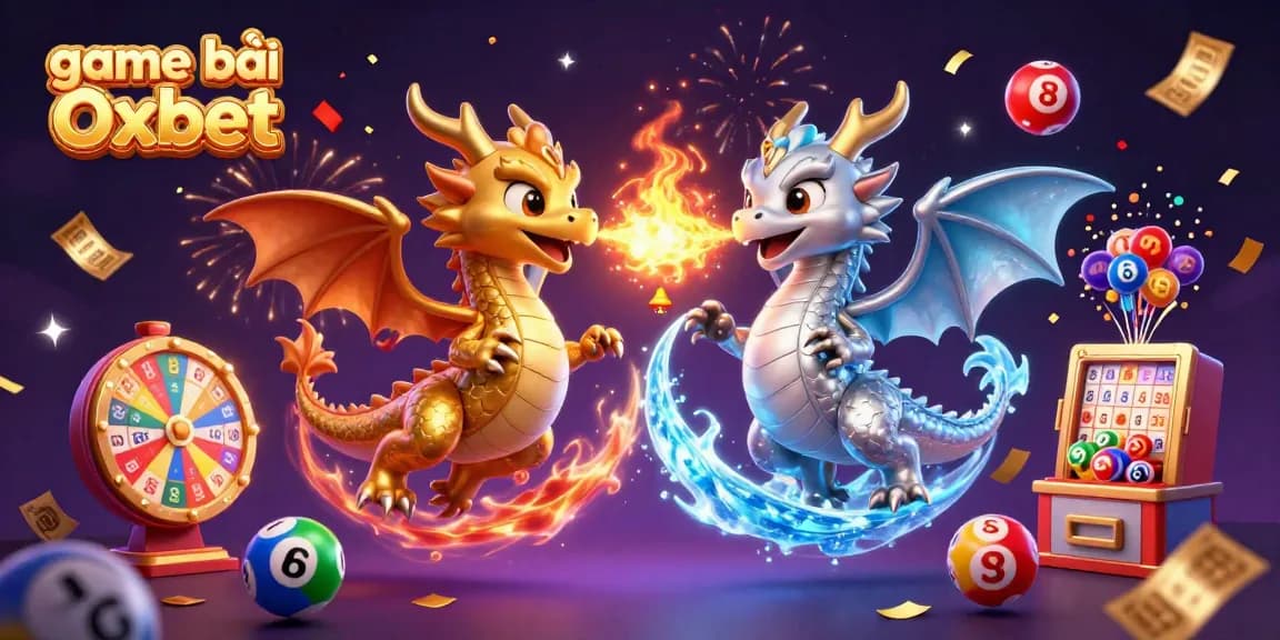 Play game bài Oxbet with excitement as twin dragons breathe fire and ice in a vibrant casino scene.