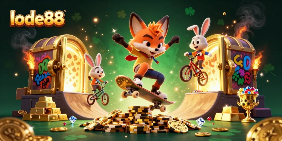 Experience high-stakes action with lode88 as a skateboarder fox and BMX-riding rabbit conquer golden poker chips