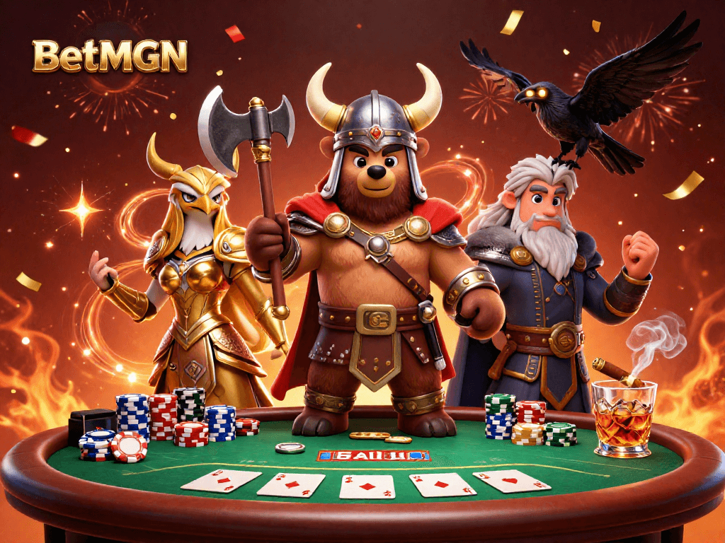 Experience thrilling poker action with BetMGM's Viking bear and Valkyrie eagle in a dynamic casino illustration.