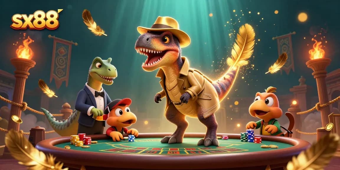 Sneak chips and counter cards with sx88's velociraptor at the blackjack table, surrounded by gold coins.