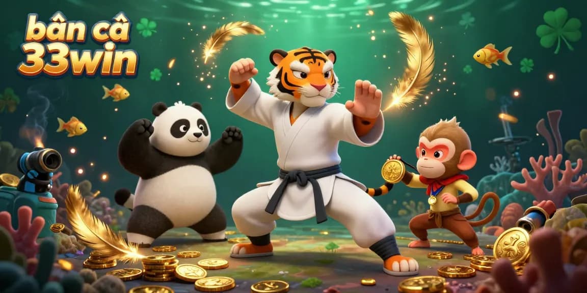 Bắn cá 33win features the kung fu tiger master in an underwater game scene, showcasing fish and gold coins.