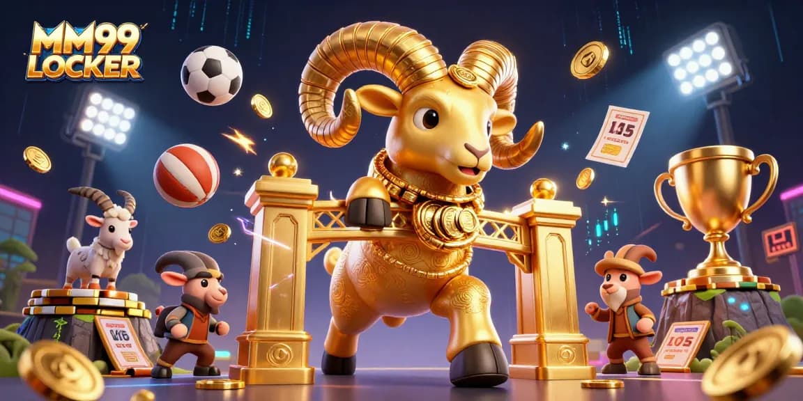 Engage your luck at MM99 LOCKER with a dynamic 3D illustration of a golden ram charging through a thrilling casino environment!
