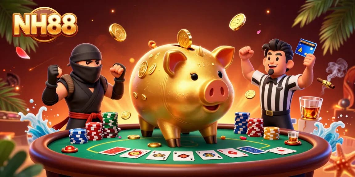 Experience the thrill of NH88 with a dynamic 3D casino scene featuring poker and golden treasures.