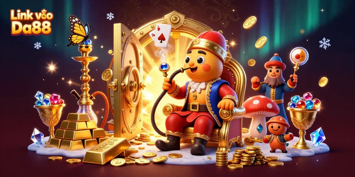 Experience the excitement with Link vào Da88 in this lavish 3D casino scene featuring vibrant characters and rich treasures.