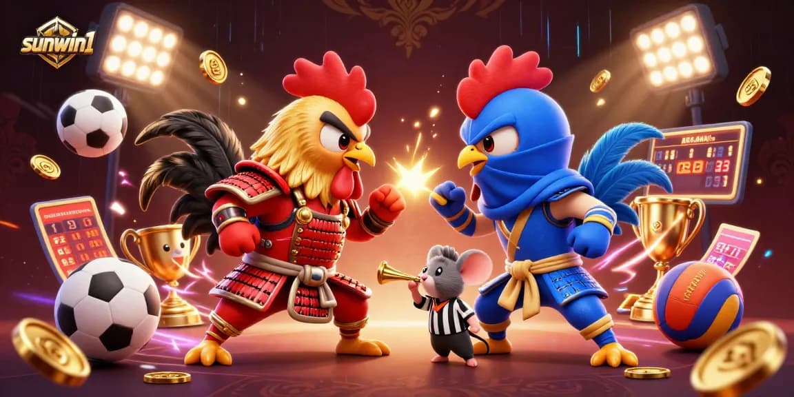 Engage with thrilling sports action in the sunwin1 arena featuring animated roosters and dynamic sports elements.