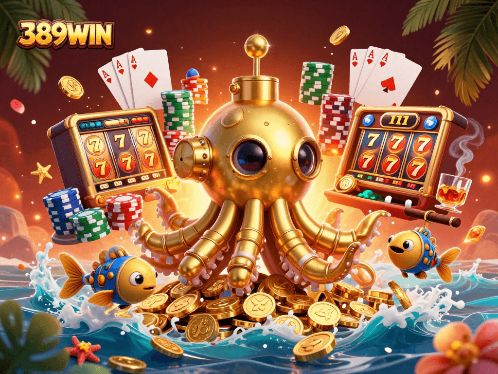 Explore 389WIN's thrilling slots with golden kraken and colorful chips in this dynamic casino scene.