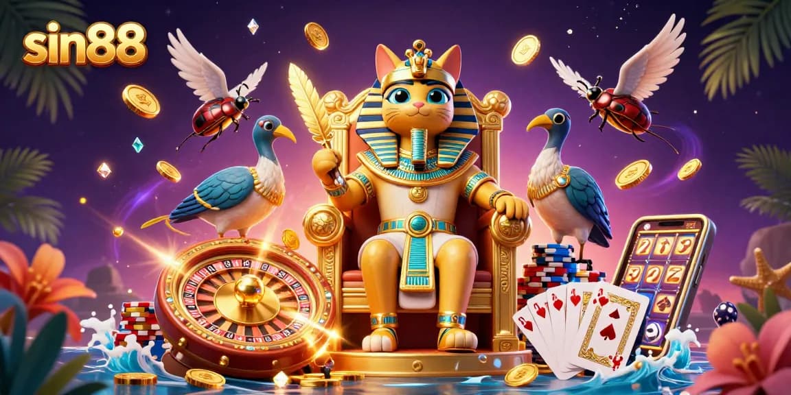 Experience thrilling gameplay at sin88 with a vibrant 3D pharaoh cat illustration showcasing casino elements.