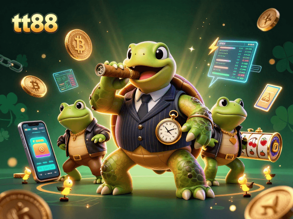 Engage with tt88's vibrant casino scene showcasing a snapping turtle, bullfrog enforcers, and crypto elements.