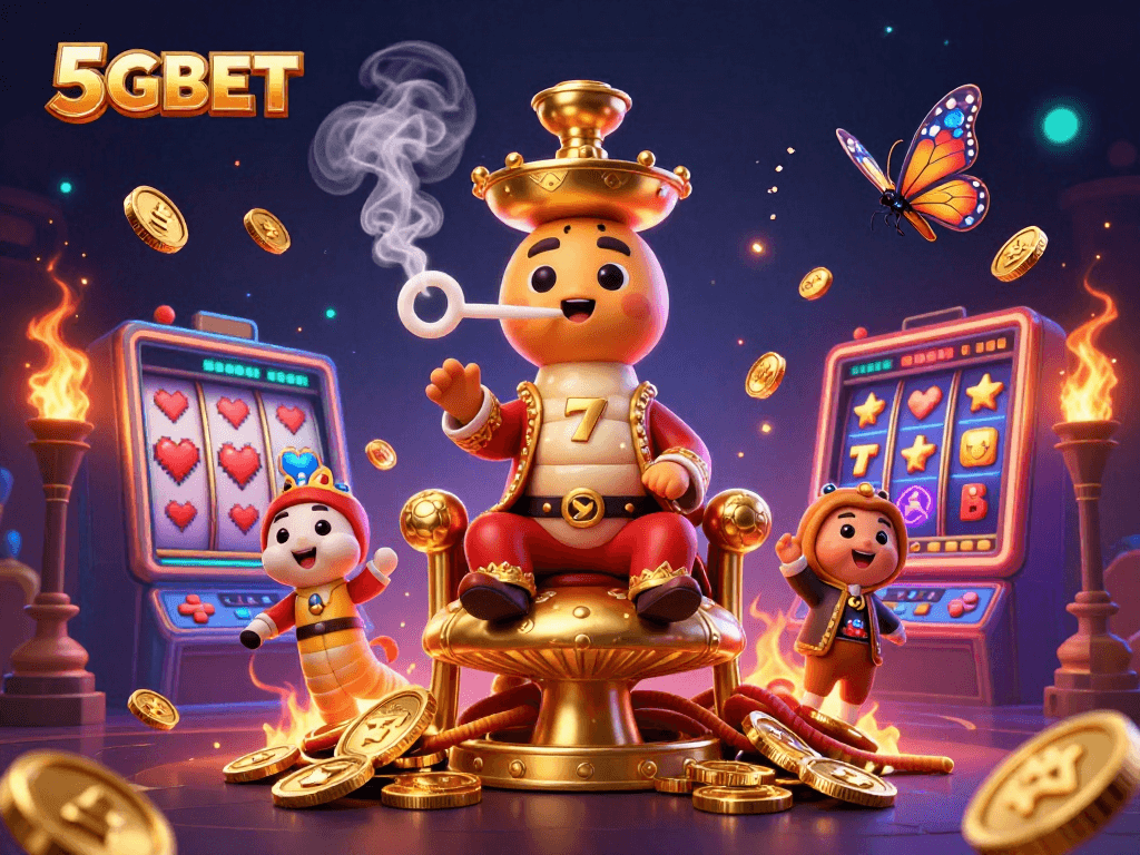 5GBET showcases a vibrant casino environment featuring slots, golden coins, and colorful game elements.