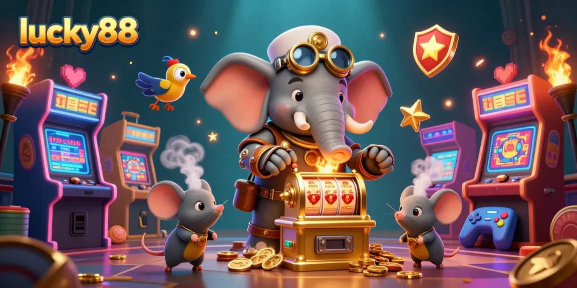 Spin the lucky88 golden slot machine with a steampunk elephant engineer in a vibrant casino scene.