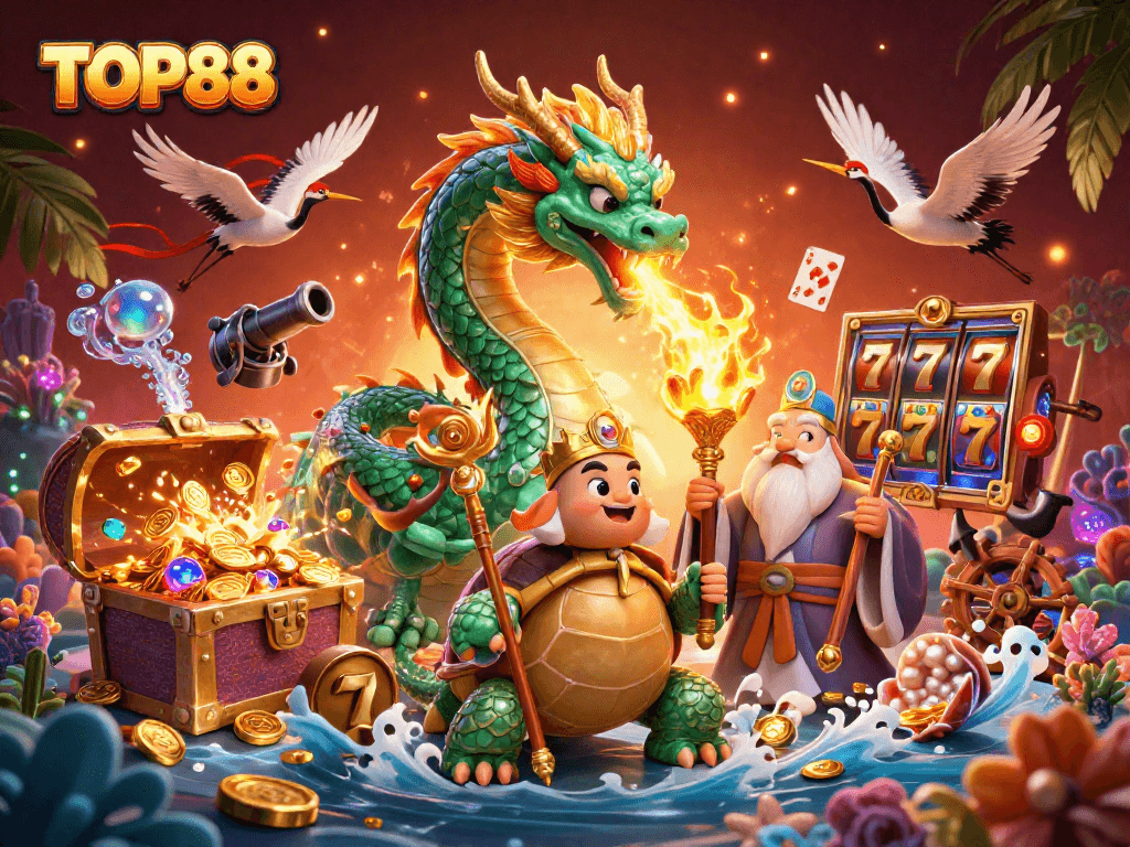 Engage with TOP88 as the emerald jade dragon unleashes golden fire in this dynamic casino illustration.