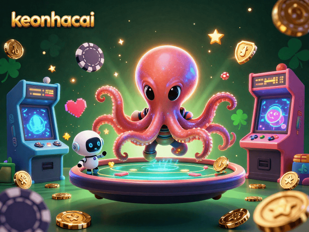 Engage with keonhacai's exciting poker scene featuring an alien octopus and vibrant arcade elements.