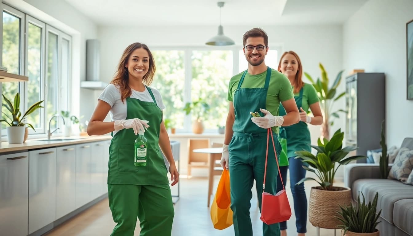 Showcase eco friendly cleaning services with a professional cleaning team in a bright home setting.