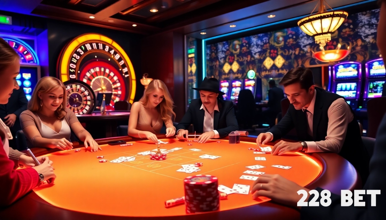 Exciting scene at a poker table with 28BET casino chips and players focused on their game.