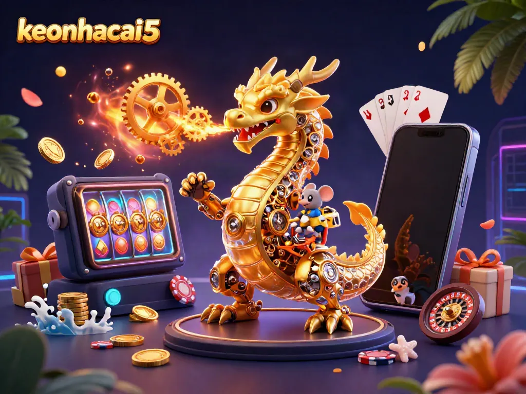 Experience thrilling wins with keonhacai5 featuring a golden dragon and dynamic casino elements.