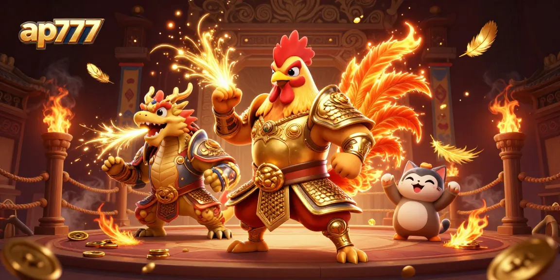 ap777 participa de uma cena emocionante com um galo de briga e um dragão em um vibrante ambiente de cassino.