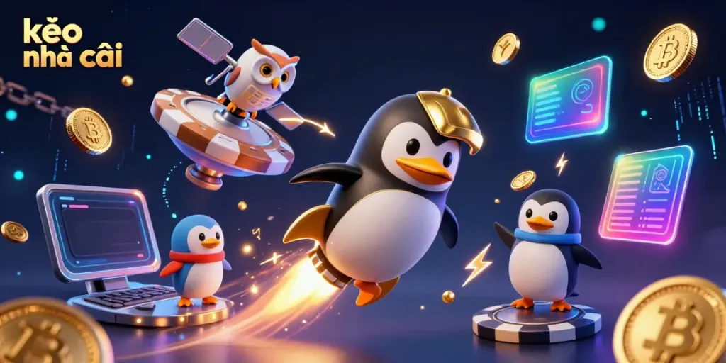 Witness the excitement of kèo nhà cái with a golden penguin launching through space towards a casino chip.