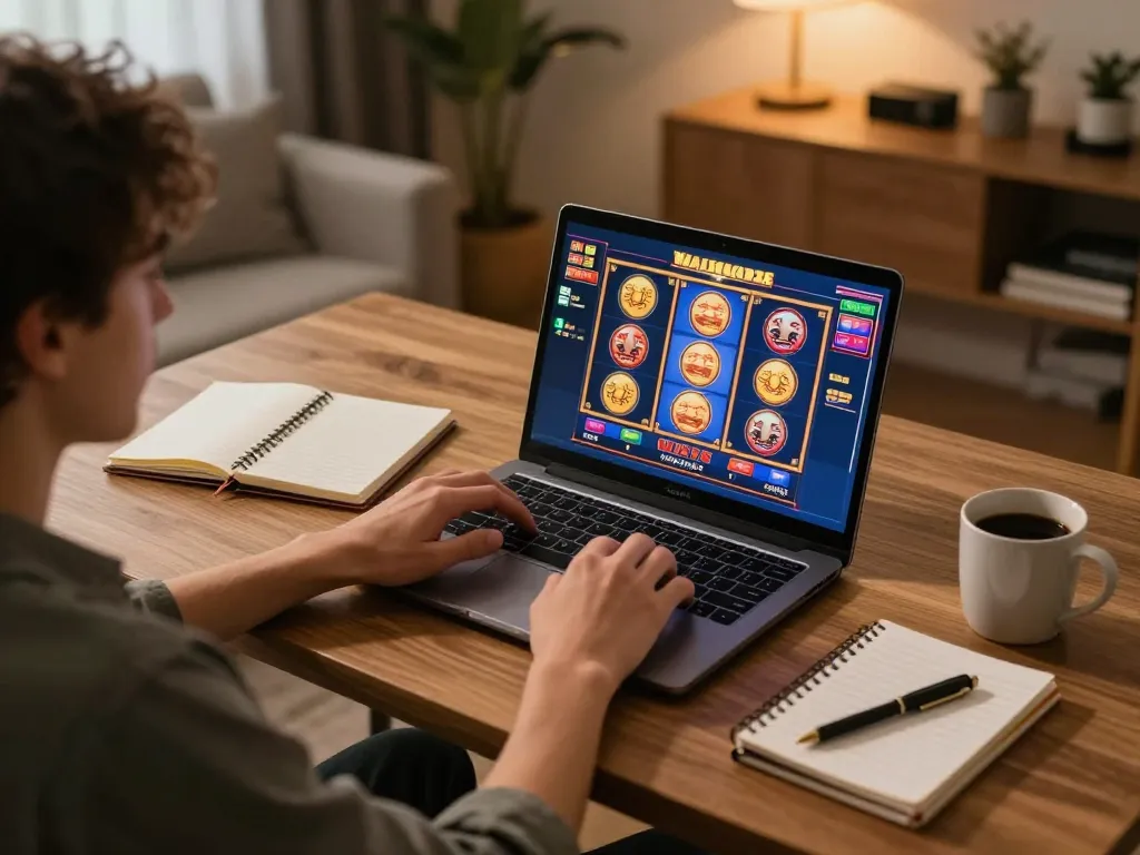 Engaged player enjoying 789win777 slot games on a laptop in a cozy home office setting.
